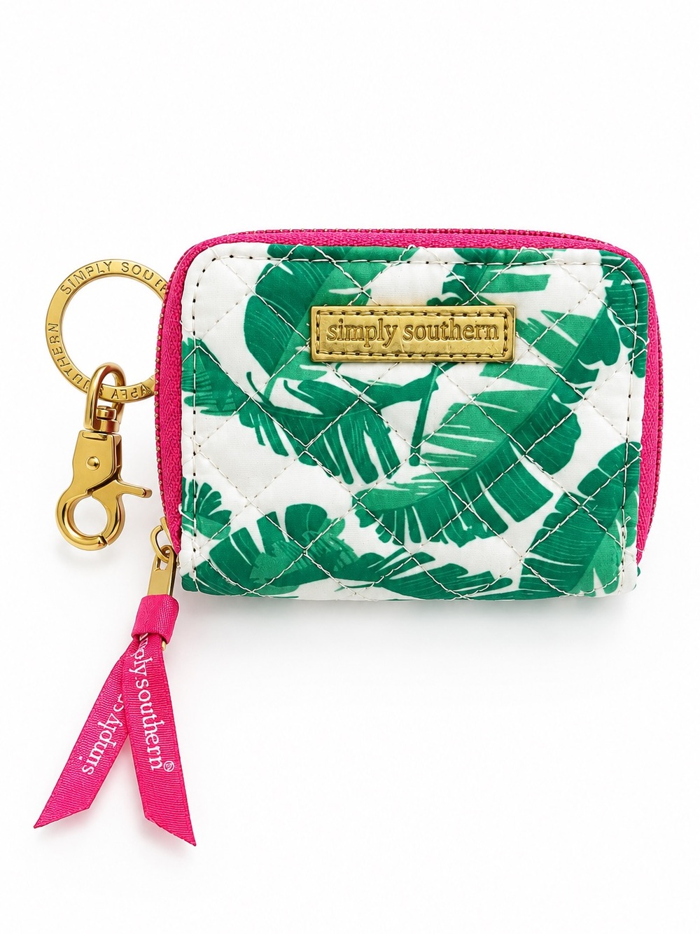 Simply Southern Pink Green Palm Zip Coin Wallet Card Case Bag Charm Key Chain